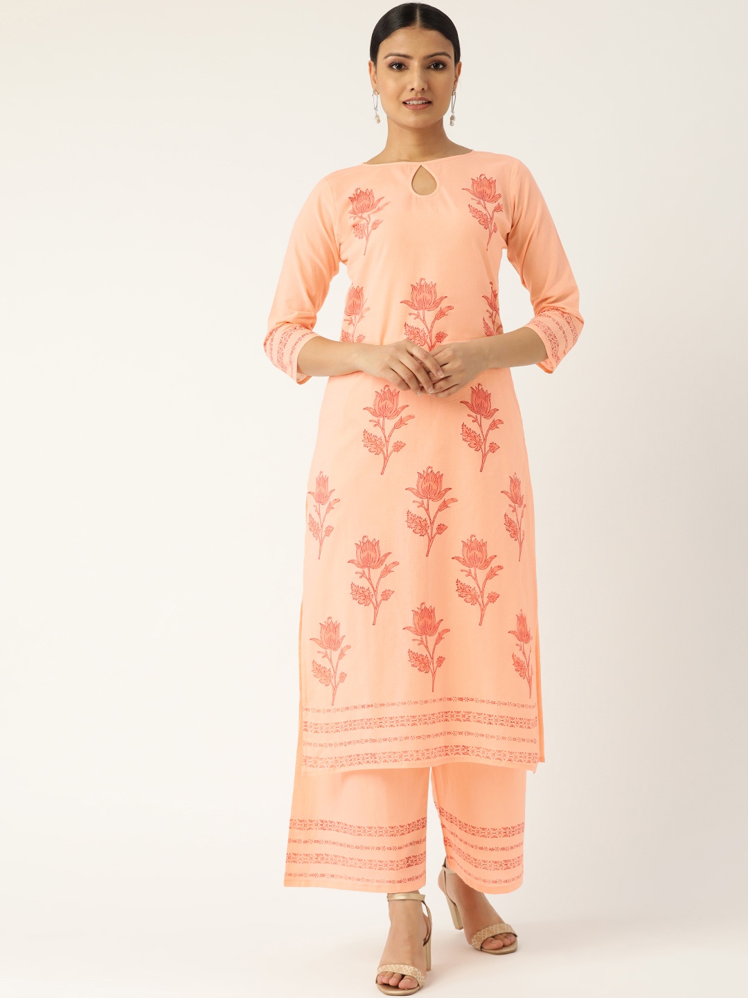 

Nayo Women Peach-Coloured & Red Printed Kurta with Palazzos