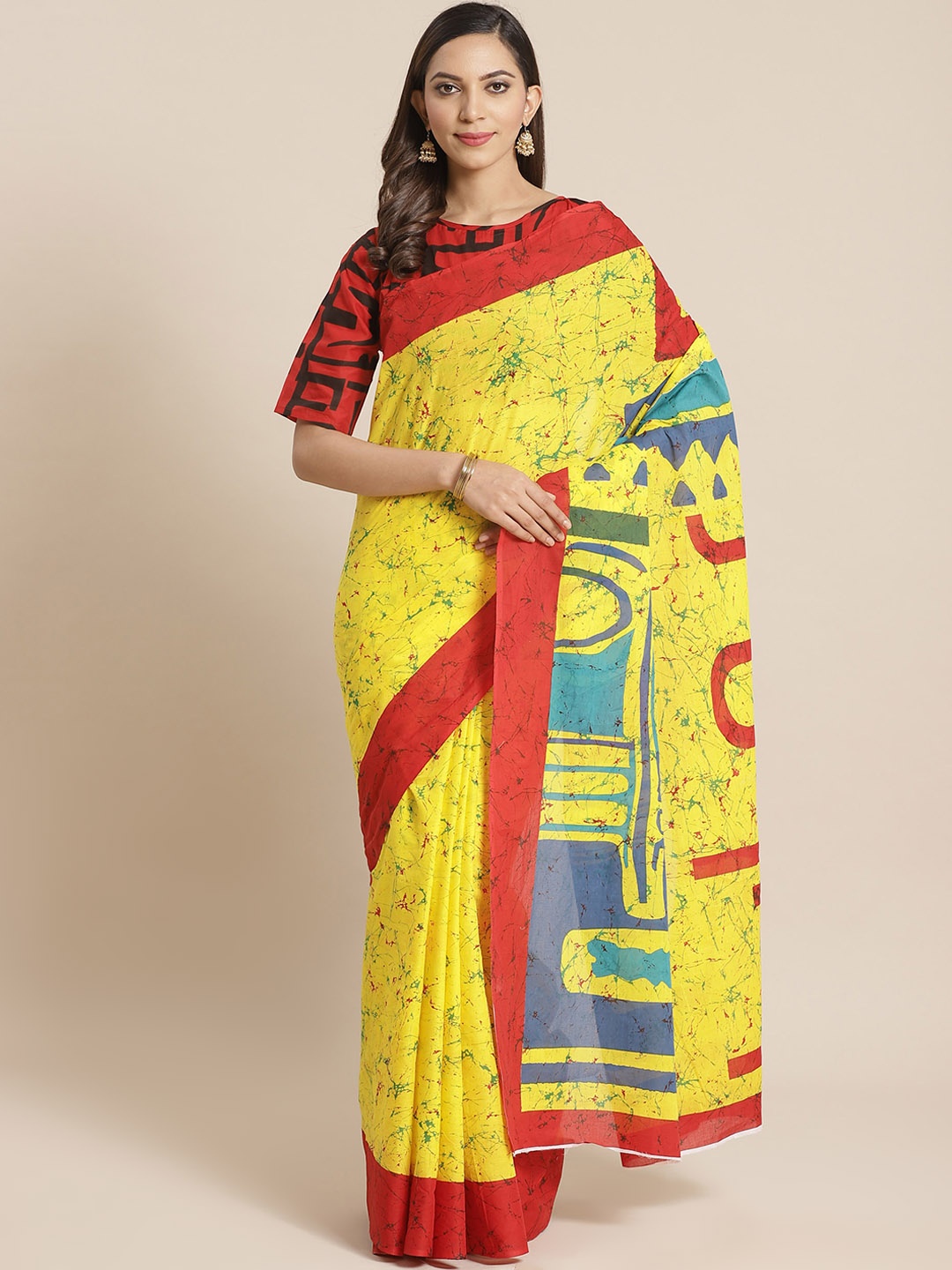 

Nayo Yellow & Red Pure Cotton Printed Saree