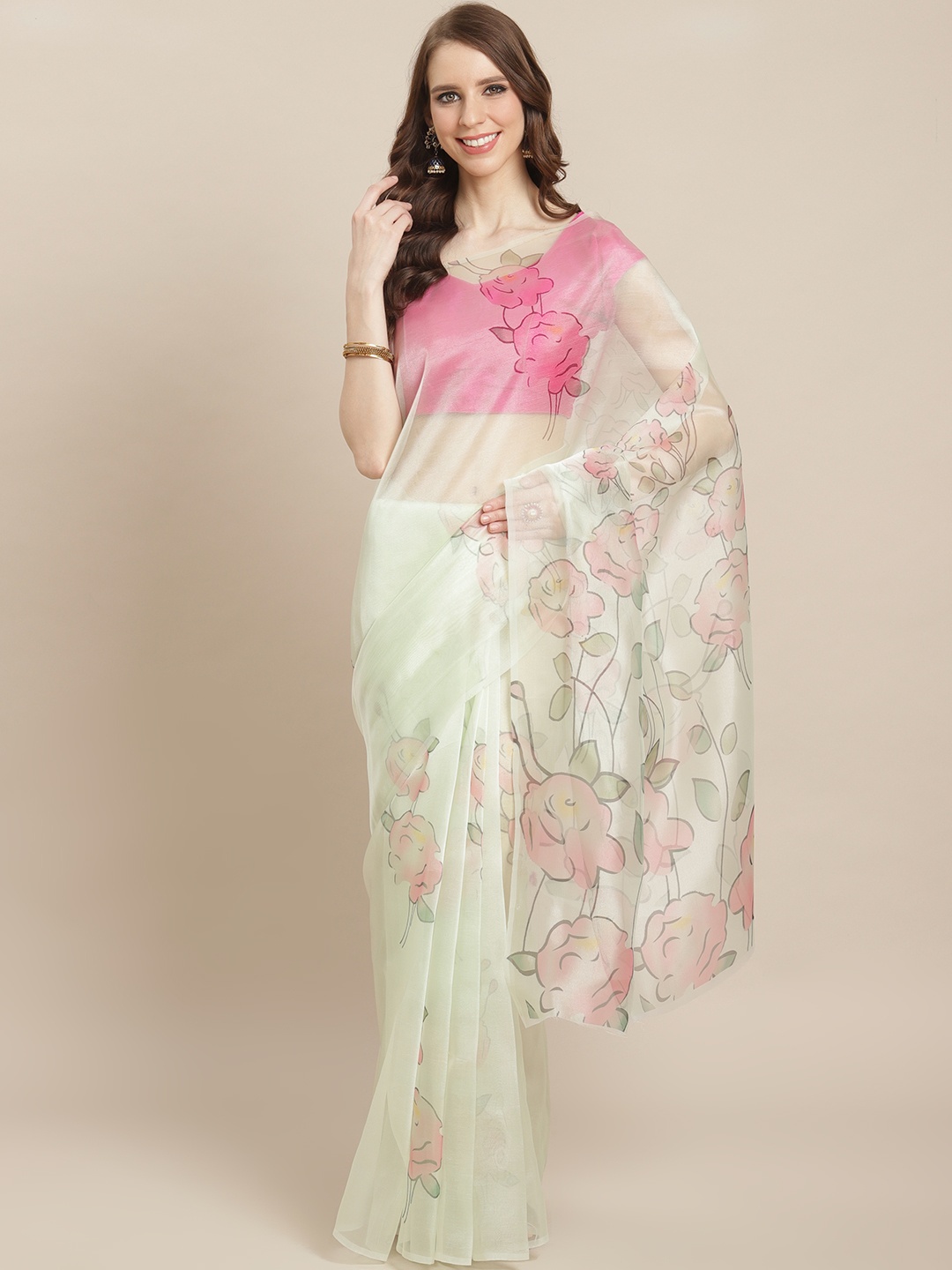 

Kalista Sea Green & Pink Floral Printed Saree