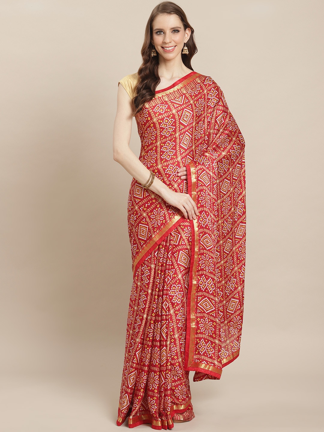 

Kalista Red & White Printed Bandhani Saree