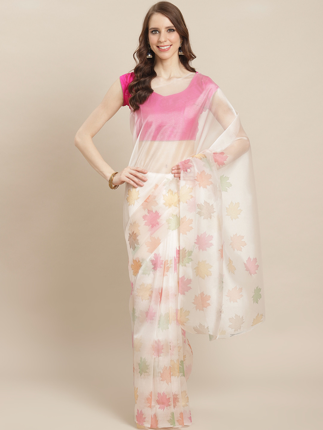 

Kalista Off-White & Pink Maple Leaf Printed Saree