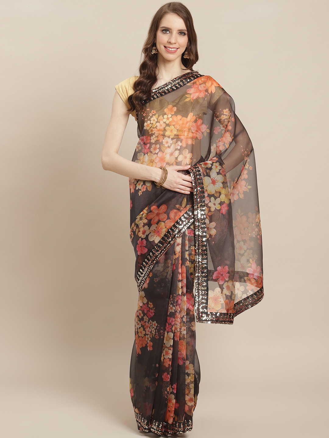 

Kalista Black & Beige Floral Printed Saree with Sequinned Detail