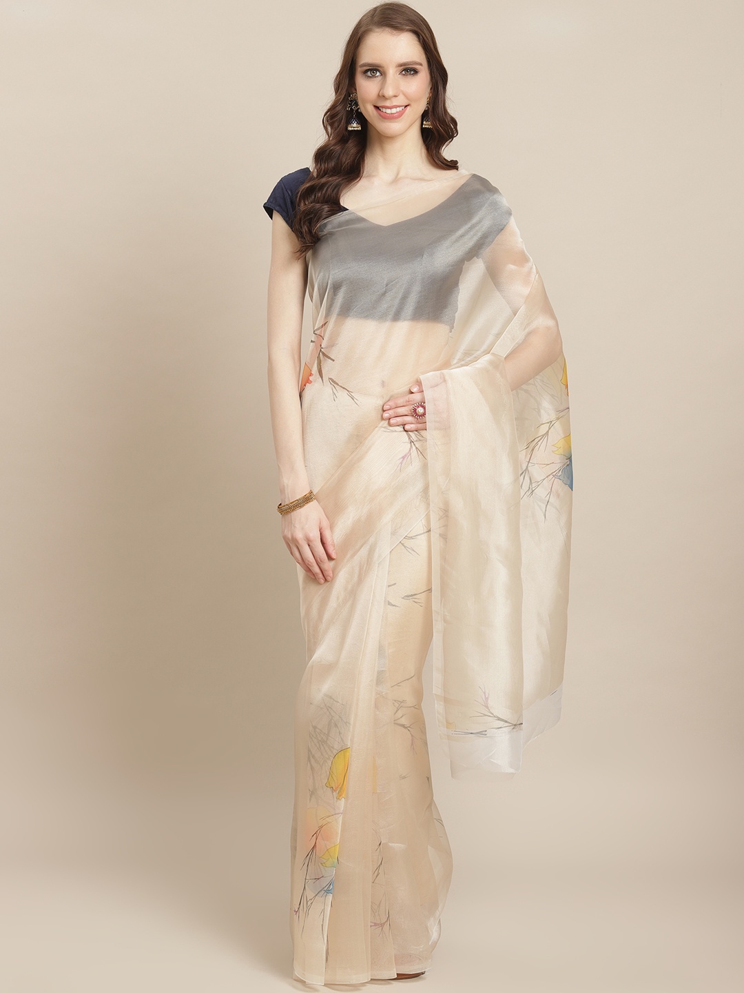 

Kalista Cream-Coloured & Yellow Floral Print Saree