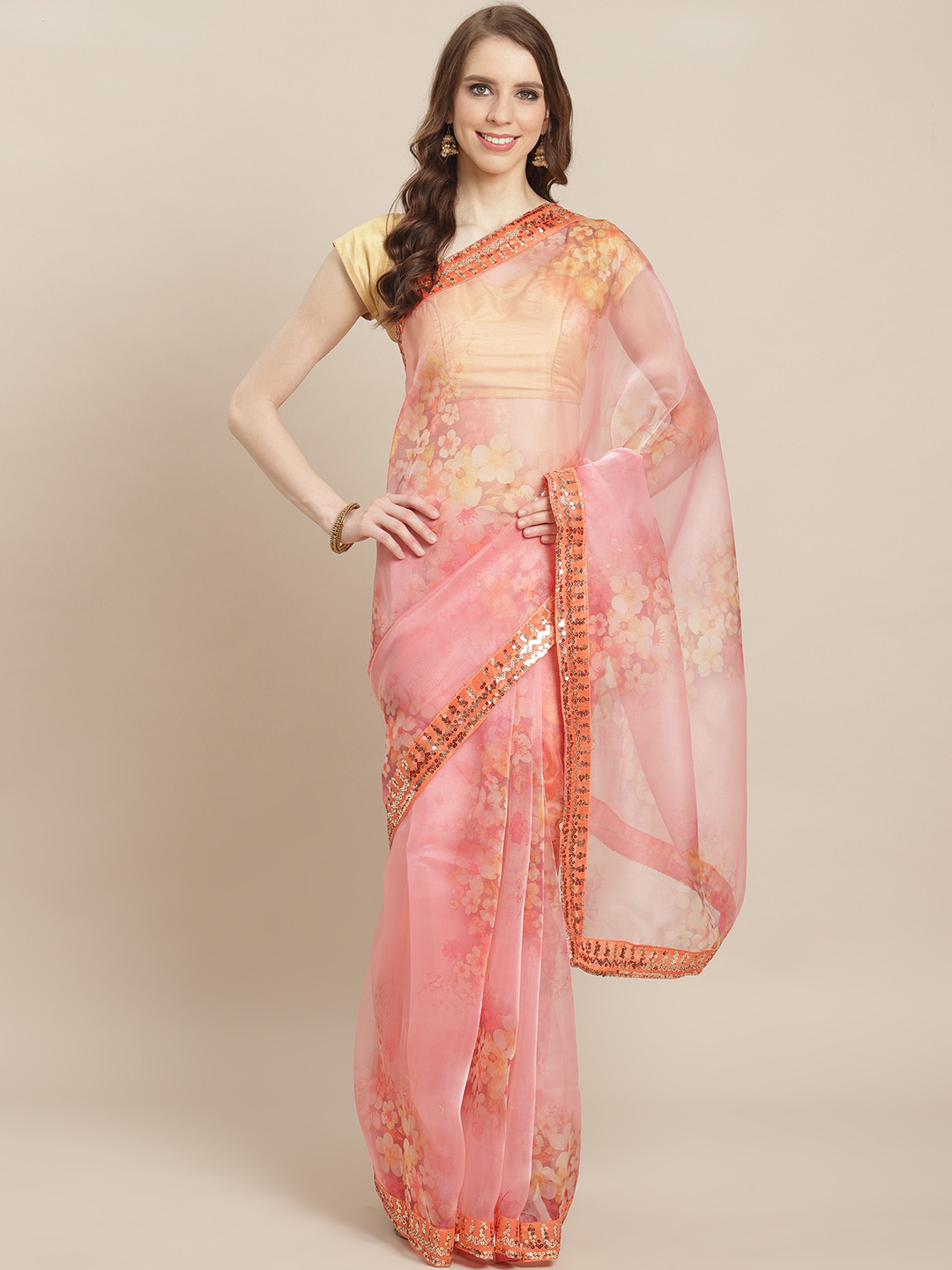

Kalista Coral Pink Printed Organza Saree