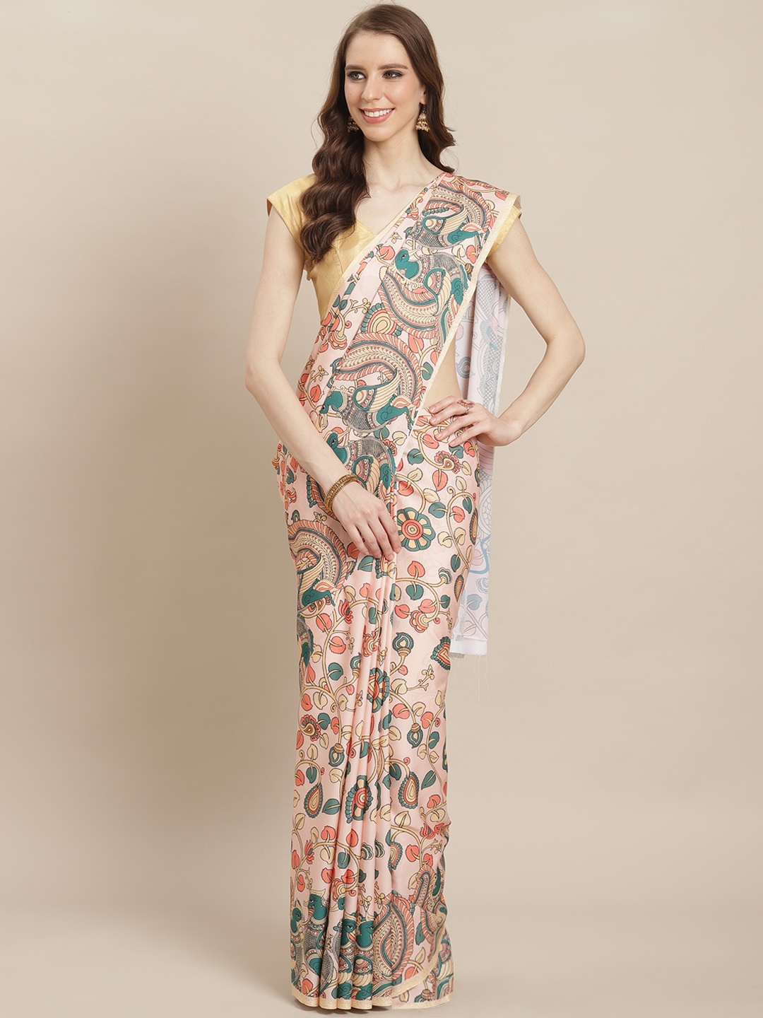 

Kalista Peach-Coloured & Green Printed Saree