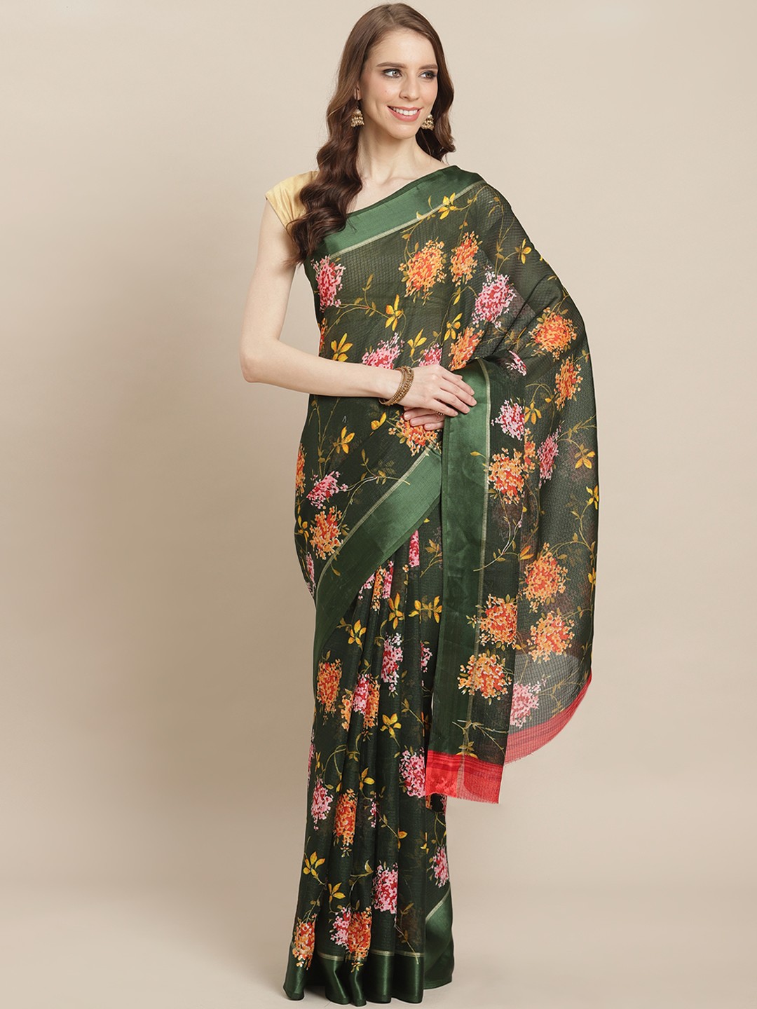 

Kalista Green & Pink Floral Printed Saree