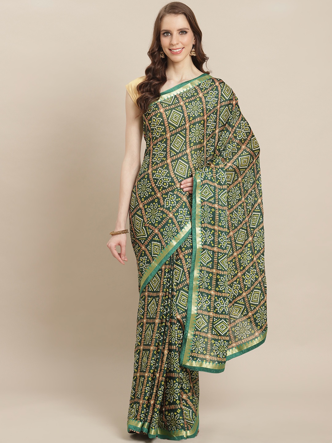 

Kalista Green & Yellow Printed Bandhani Saree