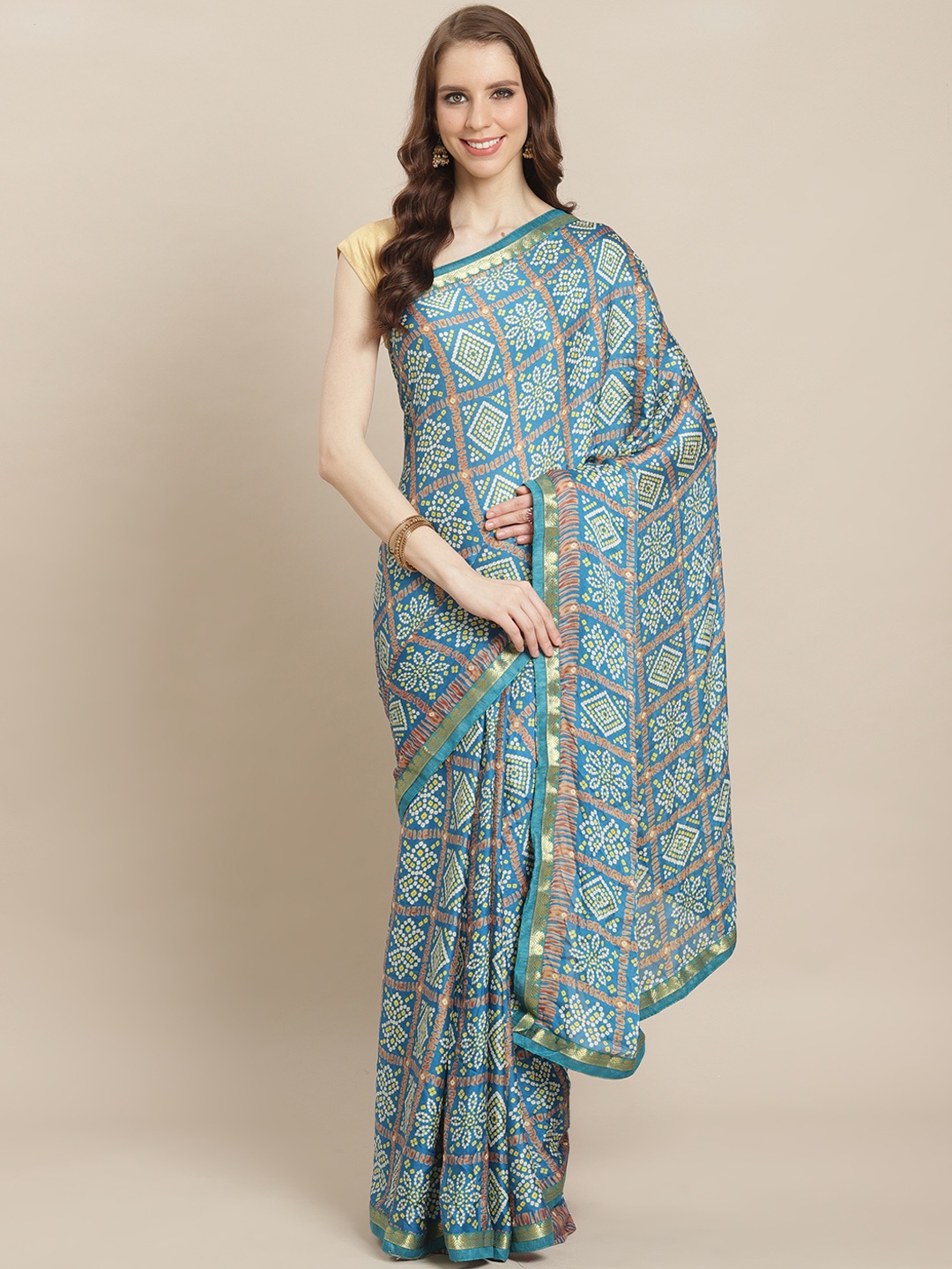 

Kalista Blue & White Printed Bandhani Saree