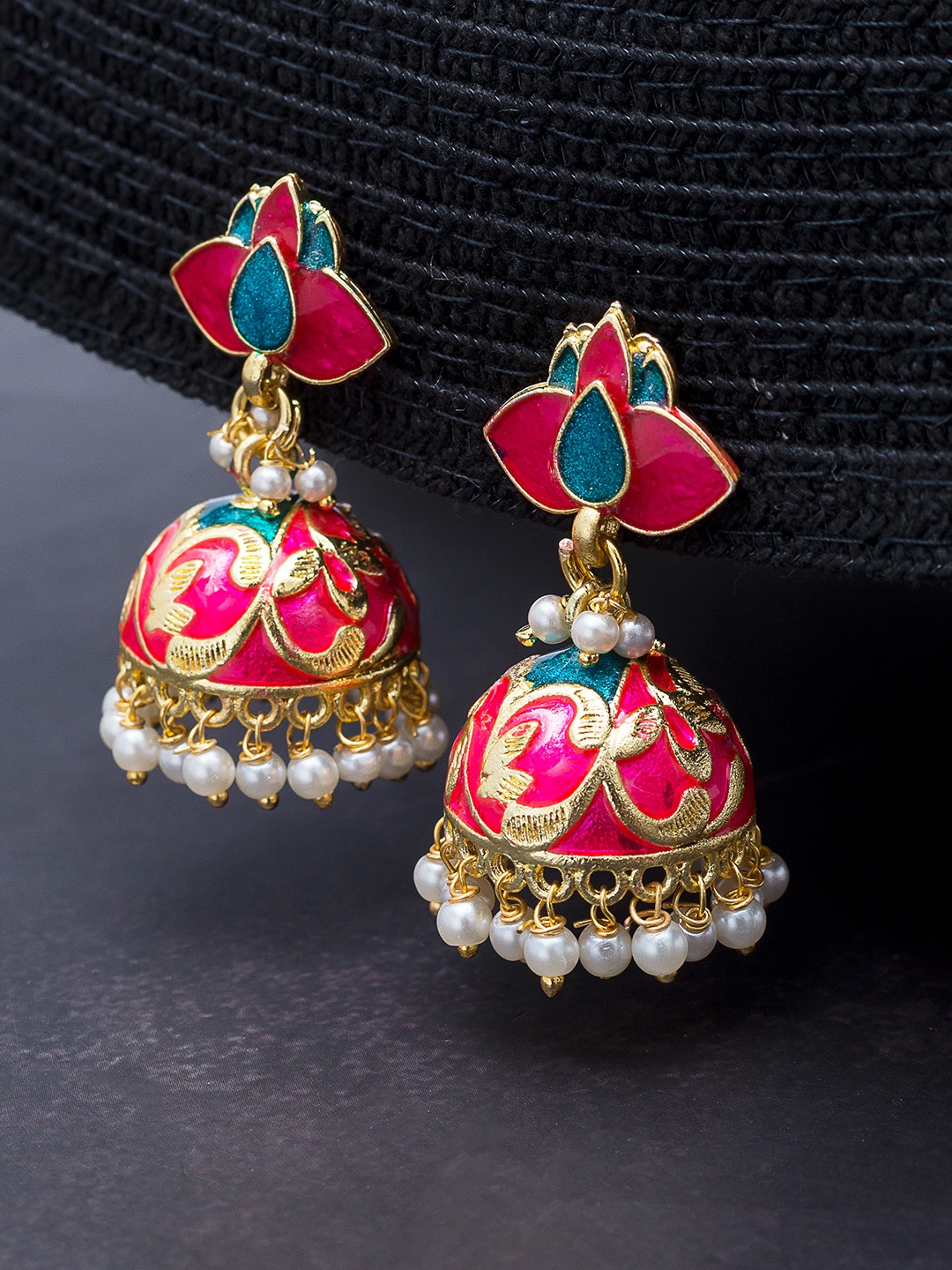 

Golden Peacock Pink & Green Dome Shaped Beaded Meenakari Jhumkas