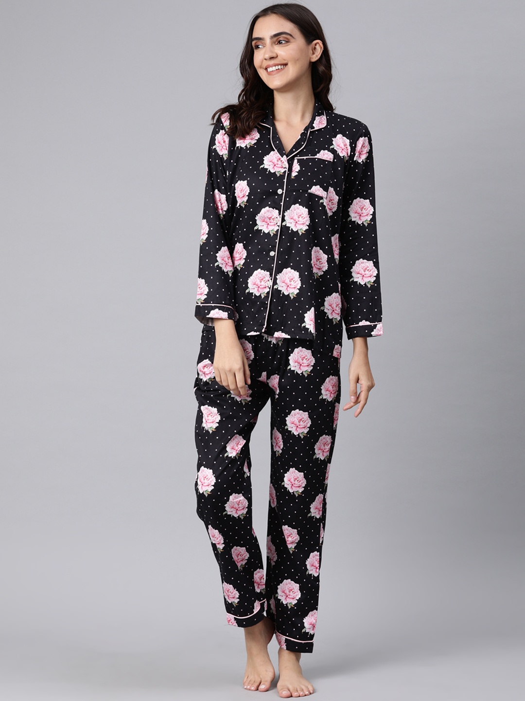 

Pyjama Party Women Black & Pink Printed Night suit