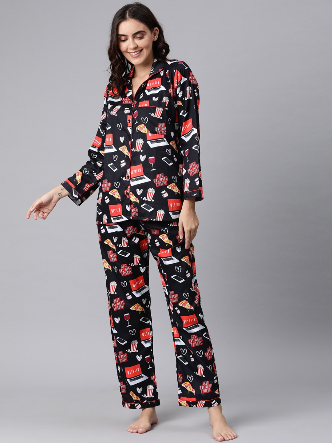 

Pyjama Party Women Black & Red Printed Night suit