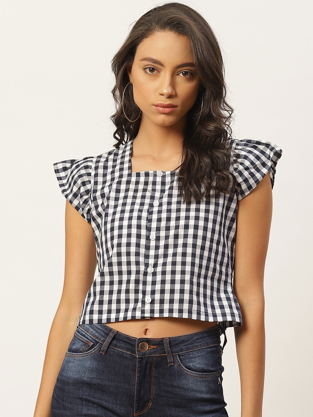 

Raano Women Navy Blue & White Pure Cotton Checked Flutter Sleeves Crop Top