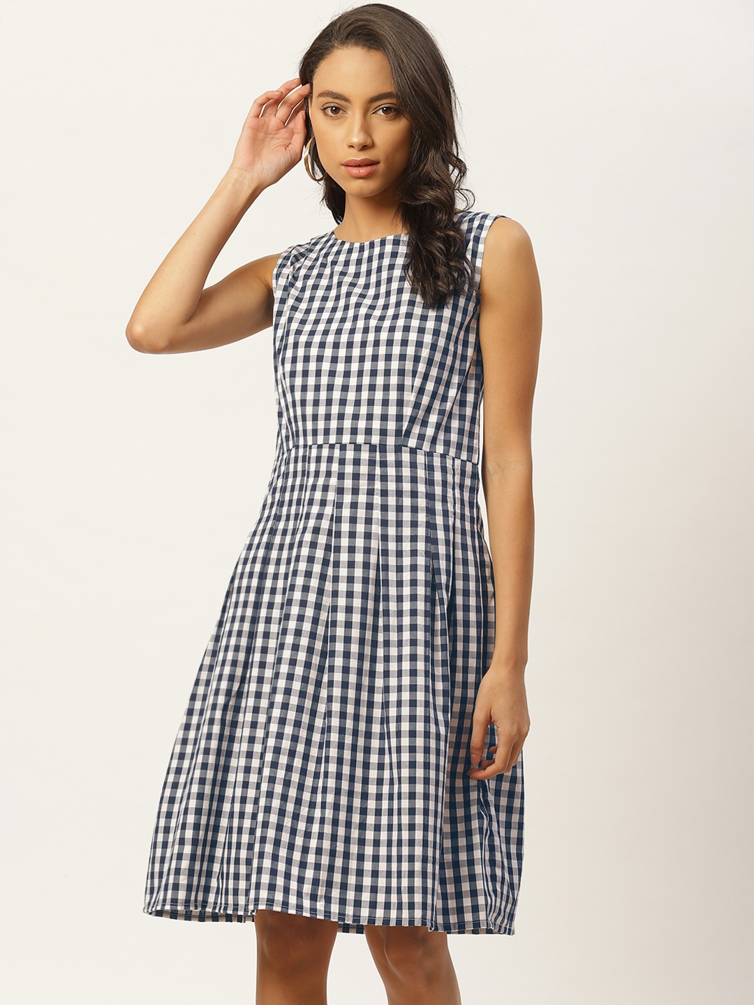

Raano Women Navy & White Checked A-Line Dress, Navy blue