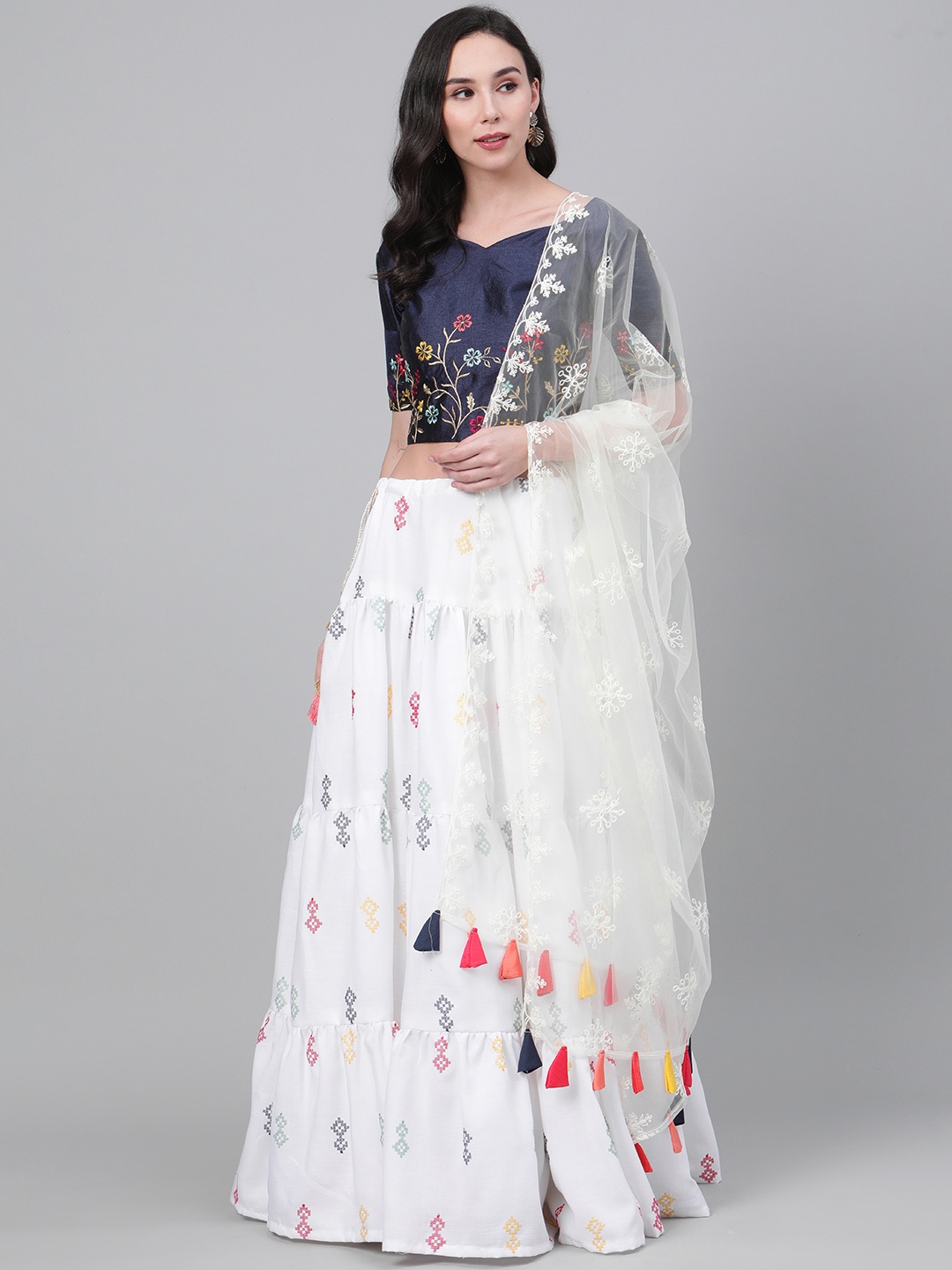 

SHUBHKALA White & Navy Blue Embroidered Semi-Stitched Lehenga & Unstitched Blouse with Dupatta