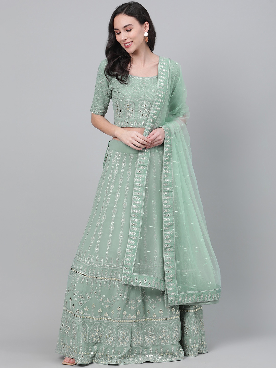 

SHUBHKALA Green & Gold Embroidered Semi-Stitched Lehenga & Unstitched Blouse with Dupatta