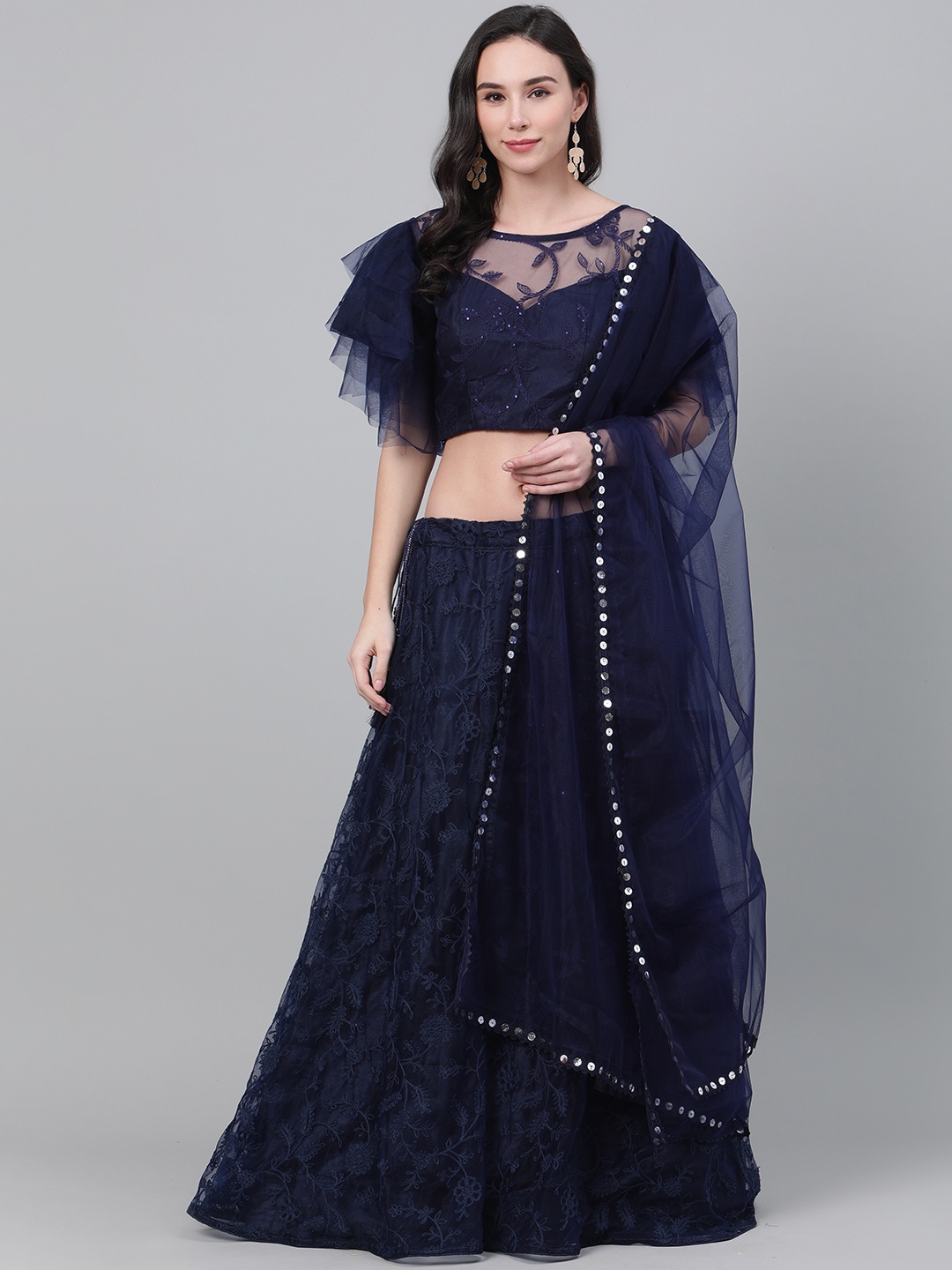 

SHUBHKALA Navy Blue Embroidered Semi-Stitched Lehenga & Unstitched Blouse with Dupatta