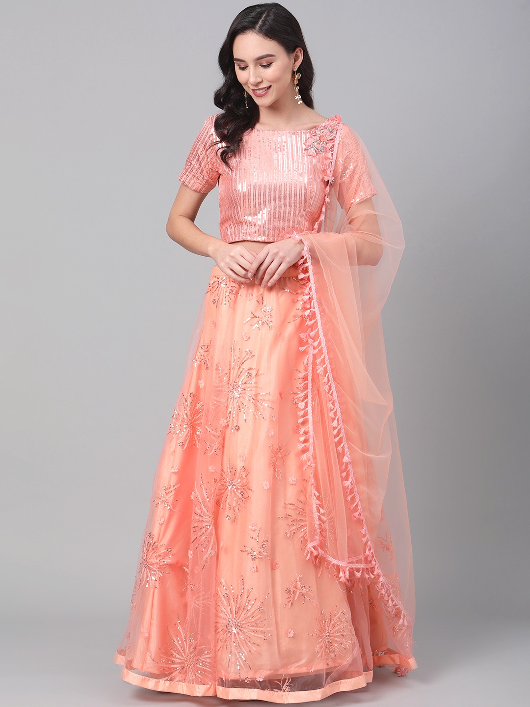 

SHUBHKALA Peach-Coloured & Golden Semi-Stitched Lehenga & Unstitched Blouse with Dupatta