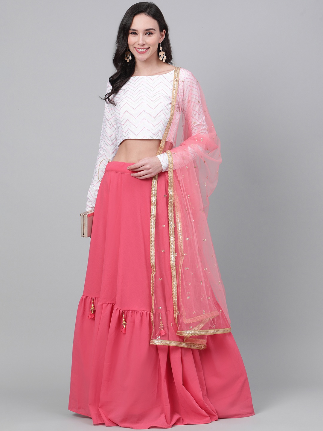 

SHUBHKALA Pink & White Foil Printed Semi-Stitched Lehenga & Unstitched Blouse with Dupatta