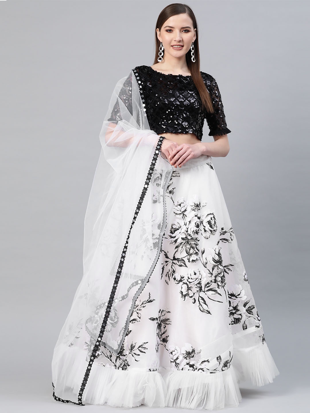 

SHUBHKALA White & Black Embellished Semi-Stitched Lehenga & Unstitched Blouse with Dupatta