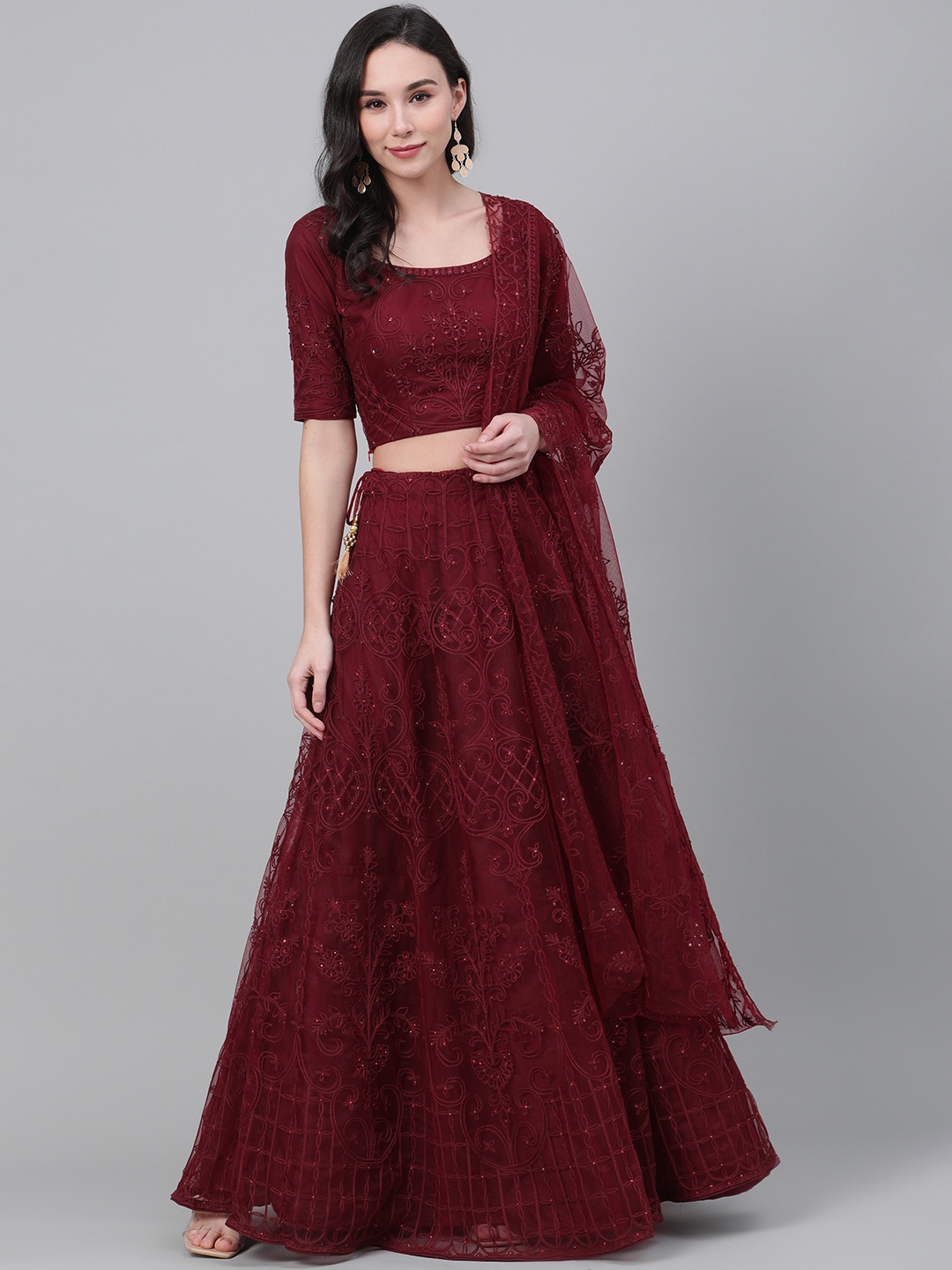 

SHUBHKALA Maroon Embroidered Semi-Stitched Lehenga & Unstitched Blouse with Dupatta