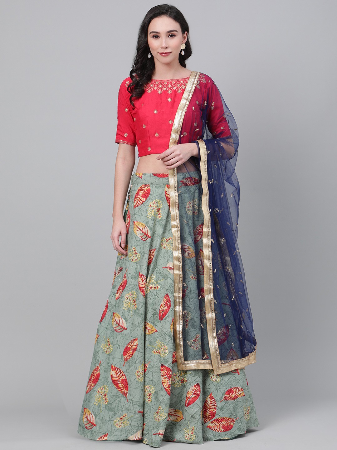 

SHUBHKALA Green & Red Embroidered Semi-Stitched Lehenga & Unstitched Blouse with Dupatta