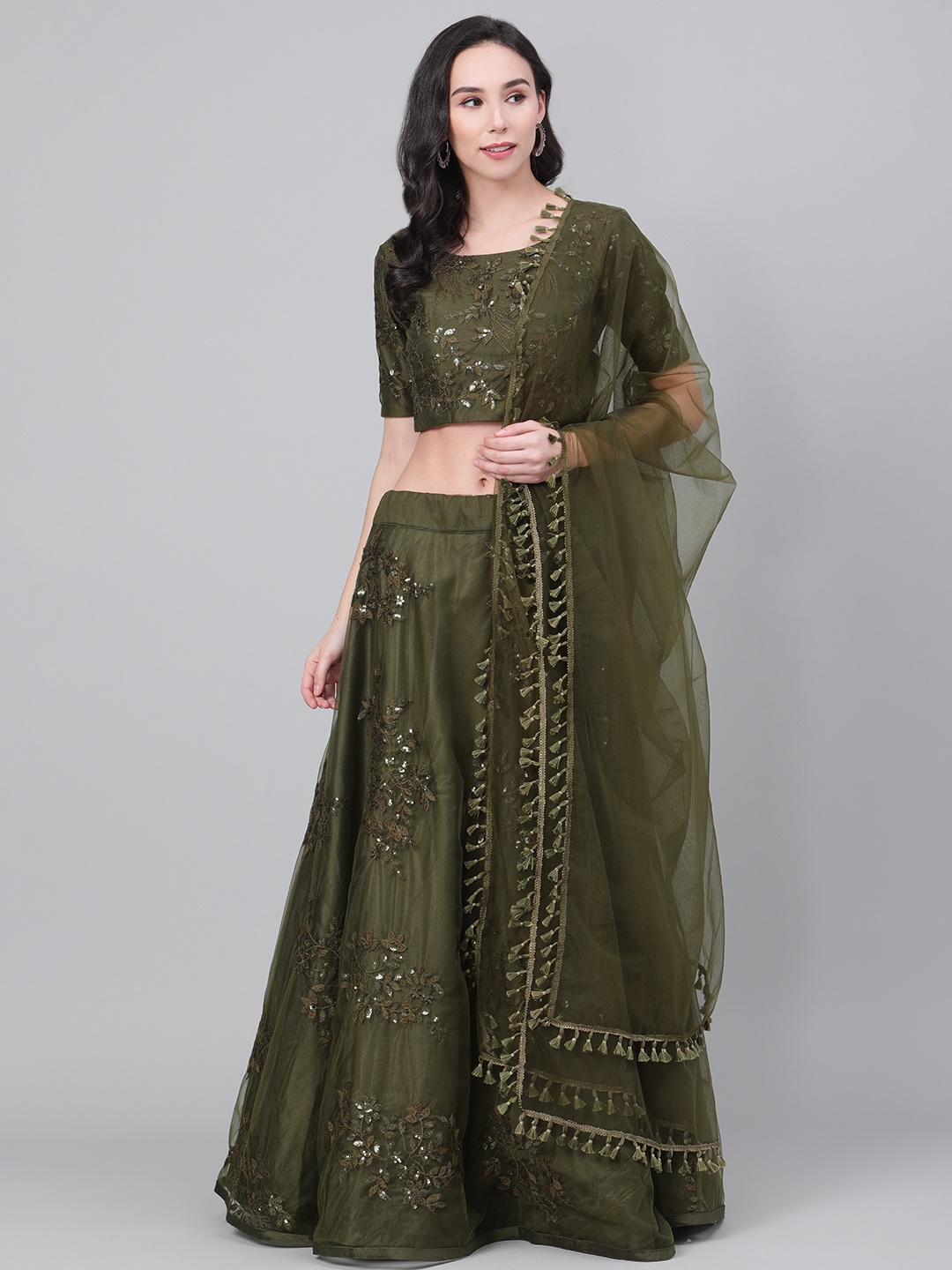 

SHUBHKALA Olive Green Semi-Stitched Lehenga & Blouse with Dupatta