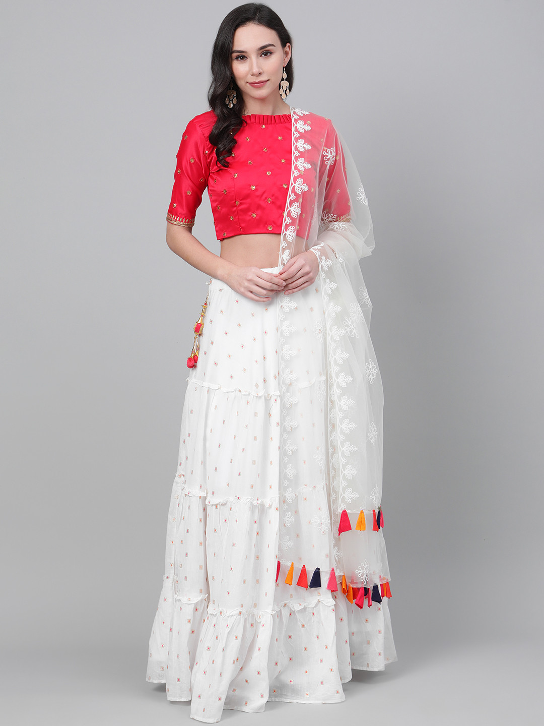 

SHUBHKALA White & Coral Embellished Semi-Stitched Lehenga & Unstitched Blouse with Dupatta