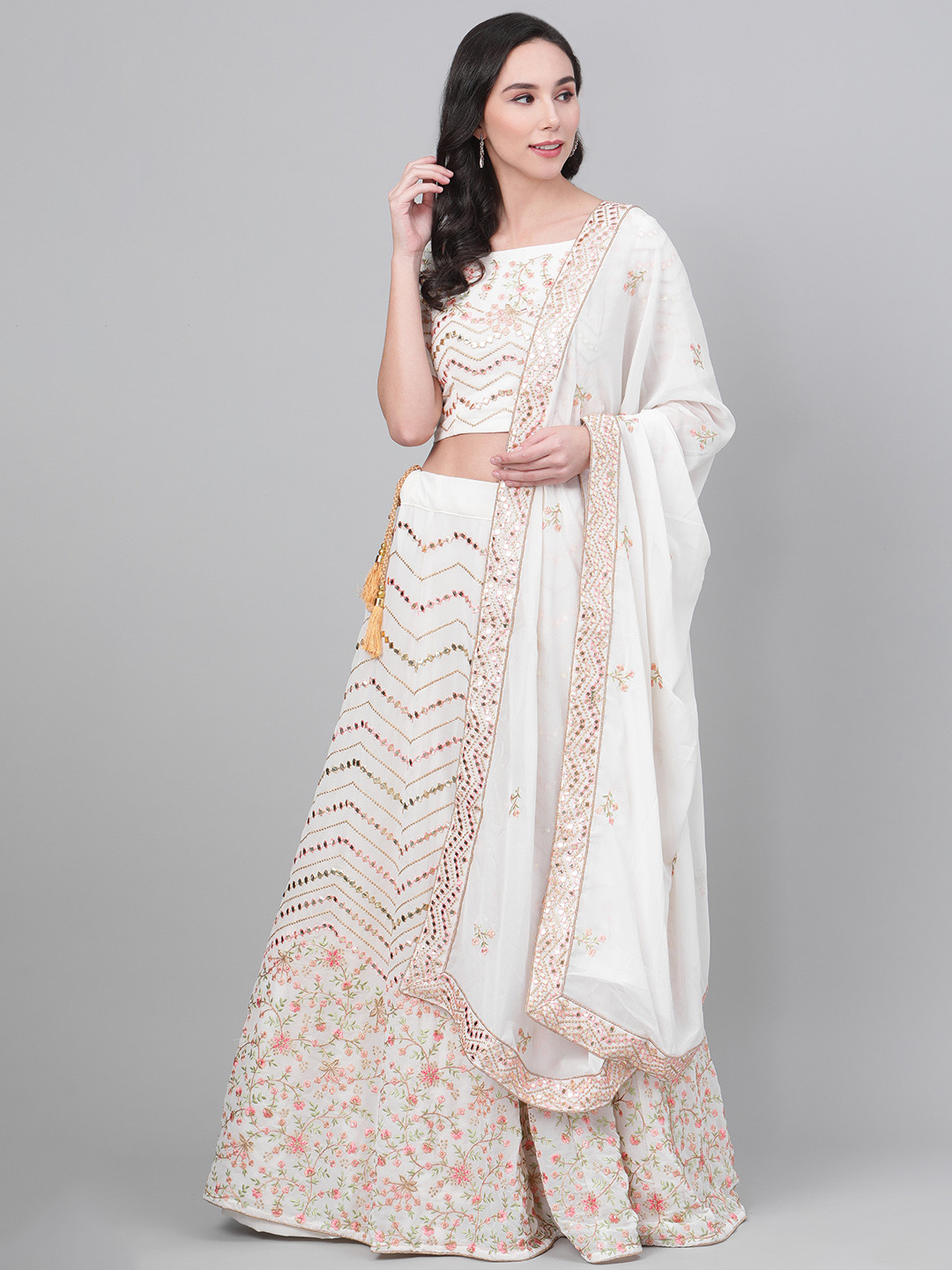 

SHUBHKALA Off-White & Pink Embroidered Semi-Stitched Lehenga & Unstitched Blouse with Dupatta
