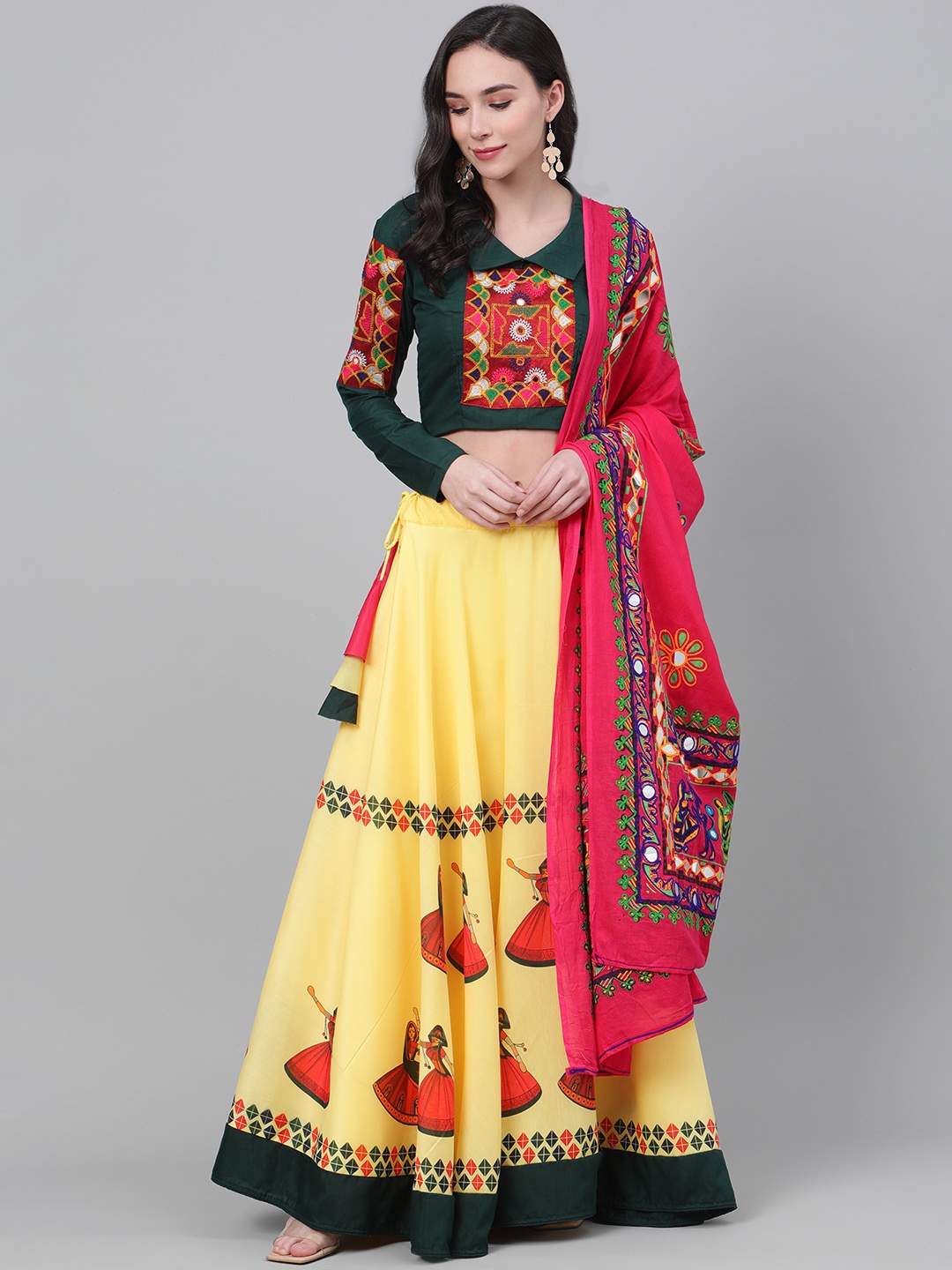 

SHUBHKALA Yellow & Green Embroidered Semi-Stitched Lehenga & Unstitched Blouse with Dupatta