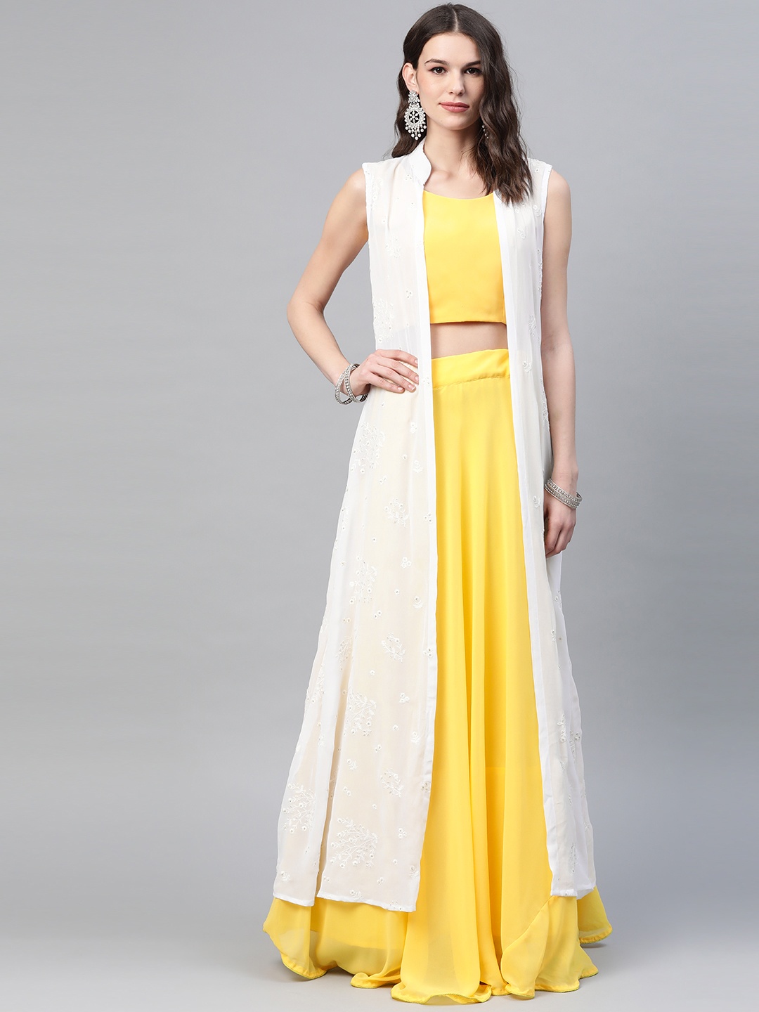 

SHUBHKALA Yellow Semi-Stitched Lehenga with Unstitched Blouse & Ethnic Jacket