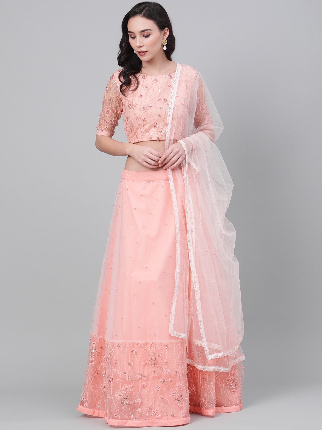 

SHUBHKALA Peach-Coloured Net Semi-Stitched Lehenga & Blouse with Dupatta