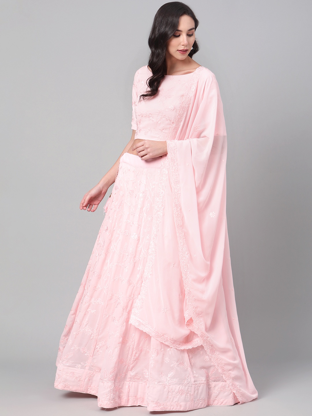 

SHUBHKALA Pink Semi-Stitched Lucknowi Embroidered Lehenga & Unstitched Blouse with Dupatta