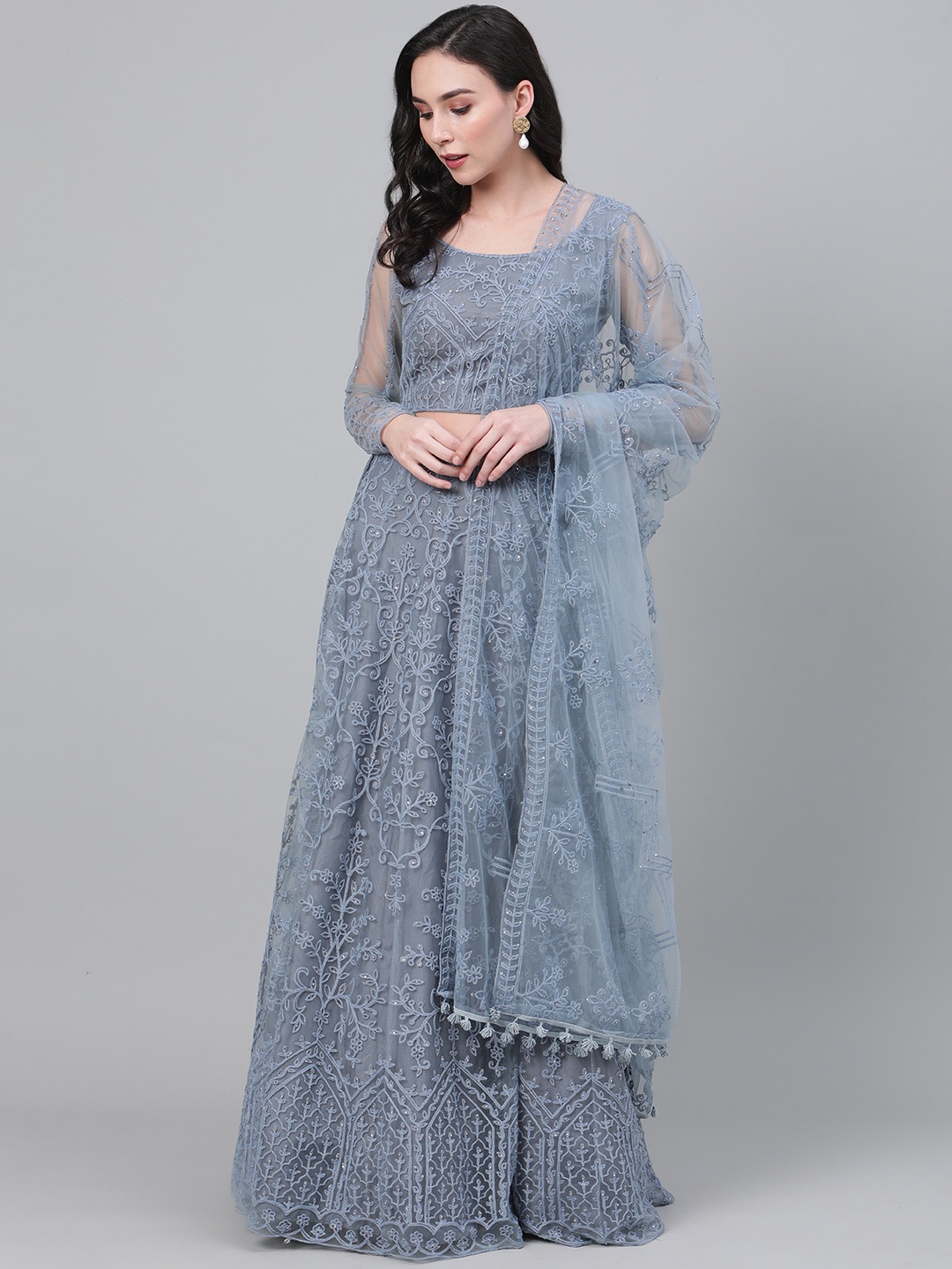 

SHUBHKALA Grey Semi-Stitched Embroidered Lehenga & Unstitched Blouse with Dupatta