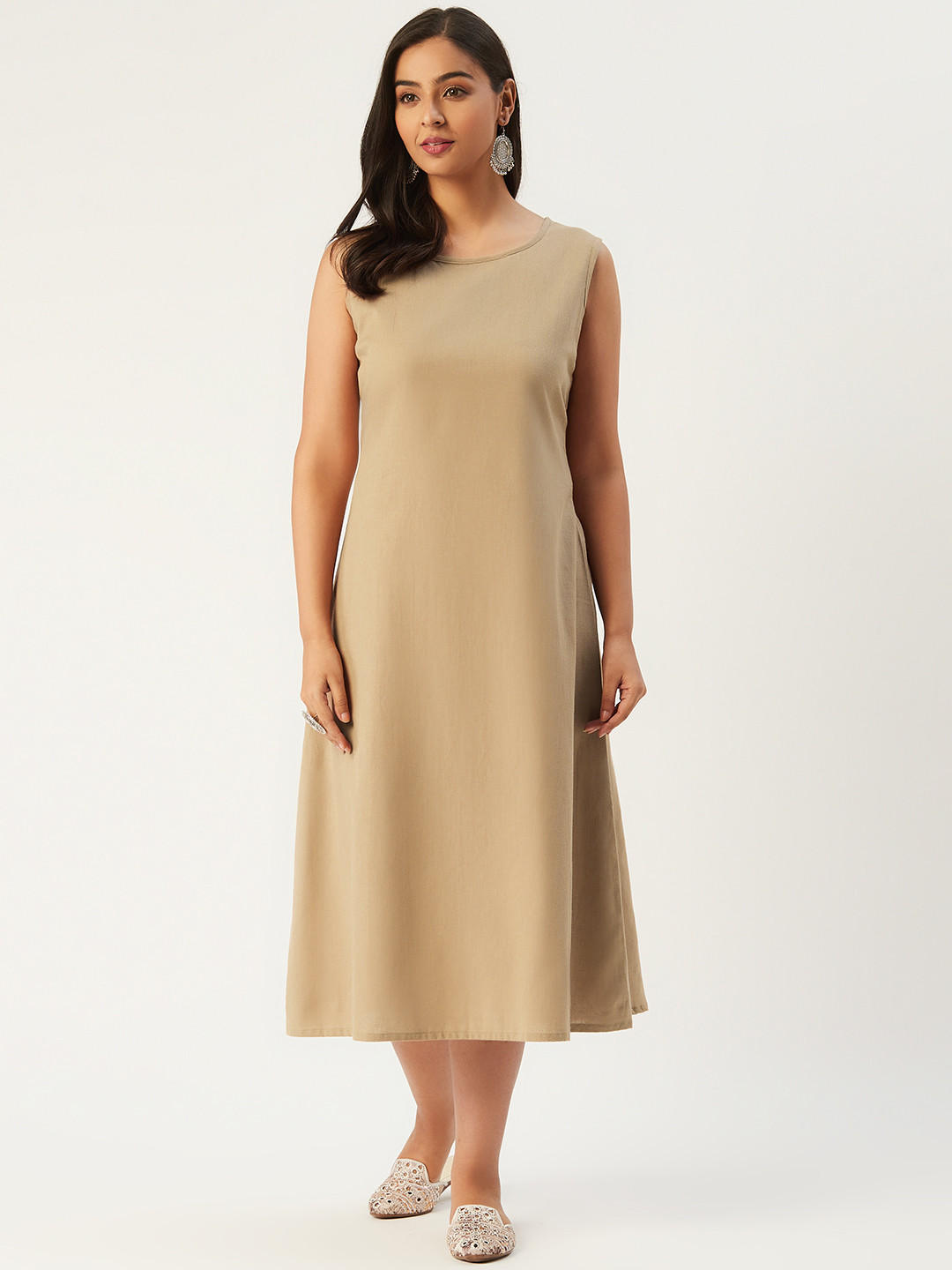 

Molcha Women Beige Solid Midi A-Line Dress