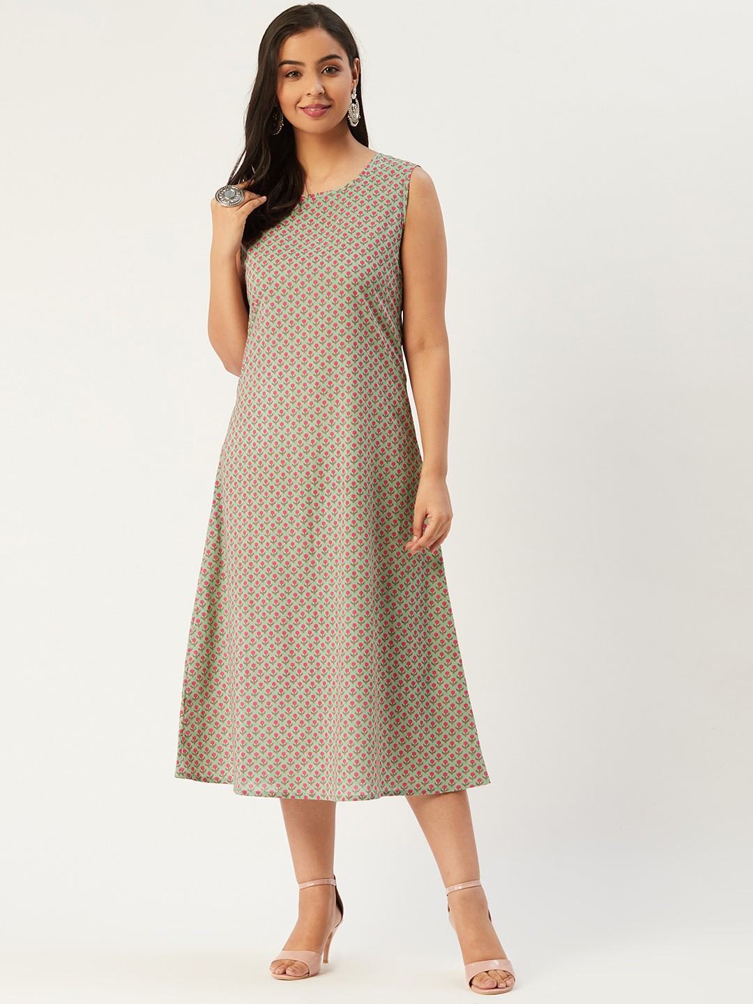

Molcha Women Green & Pink Sanganeri Print Midi A-Line Dress