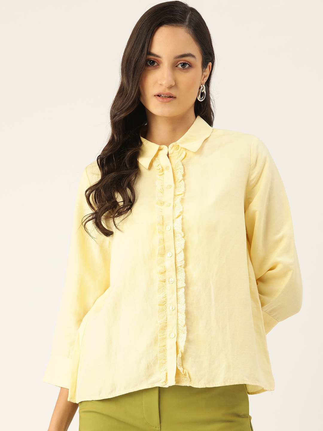 

COVER STORY Women Yellow Linen Ruffled Regular Fit Solid Casual Shirt