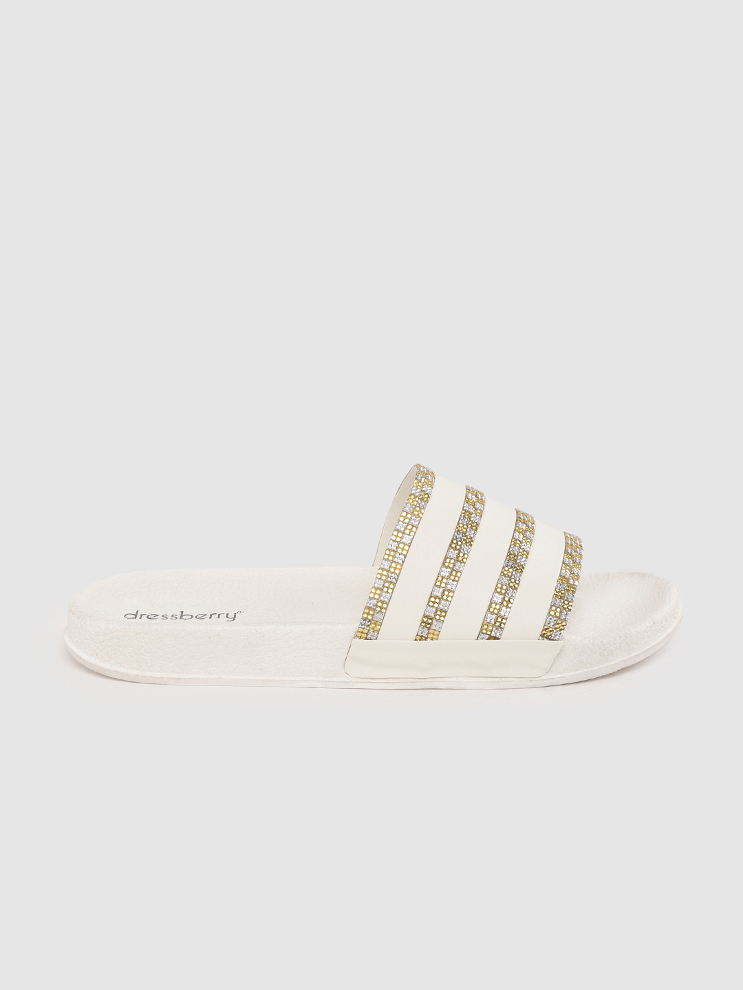 

DressBerry Women White & Gold-Toned Striped Open Toe Flats