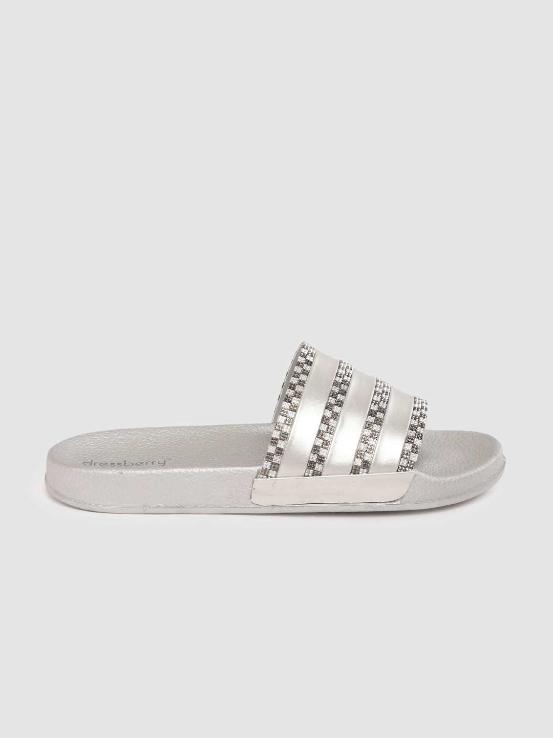 

DressBerry Women Silver-Toned & Gunmetal-Toned Striped Open Toe Flats