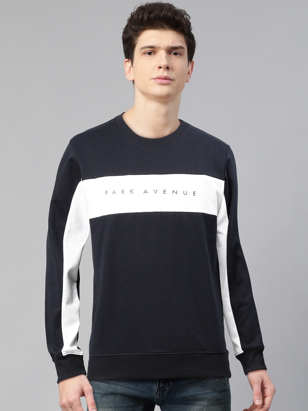 

Park Avenue Men Navy Blue & White Printed Sweatshirt