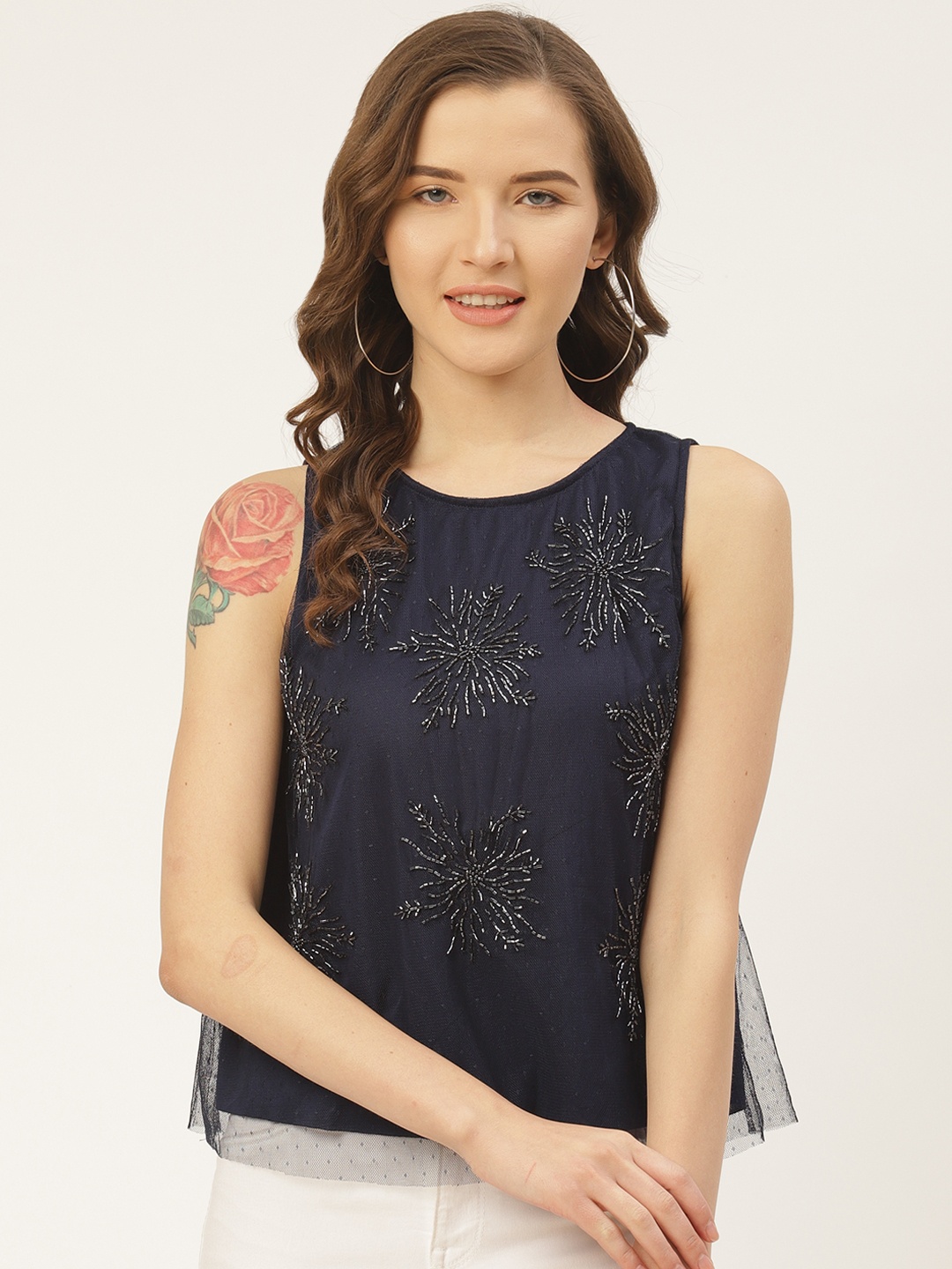 

Antheaa Women Navy Blue Embellished Net Layered Top