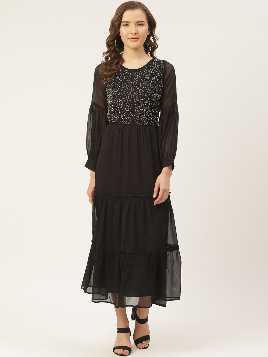 

Antheaa Women Black Embellished Tiered Net Maxi Dress