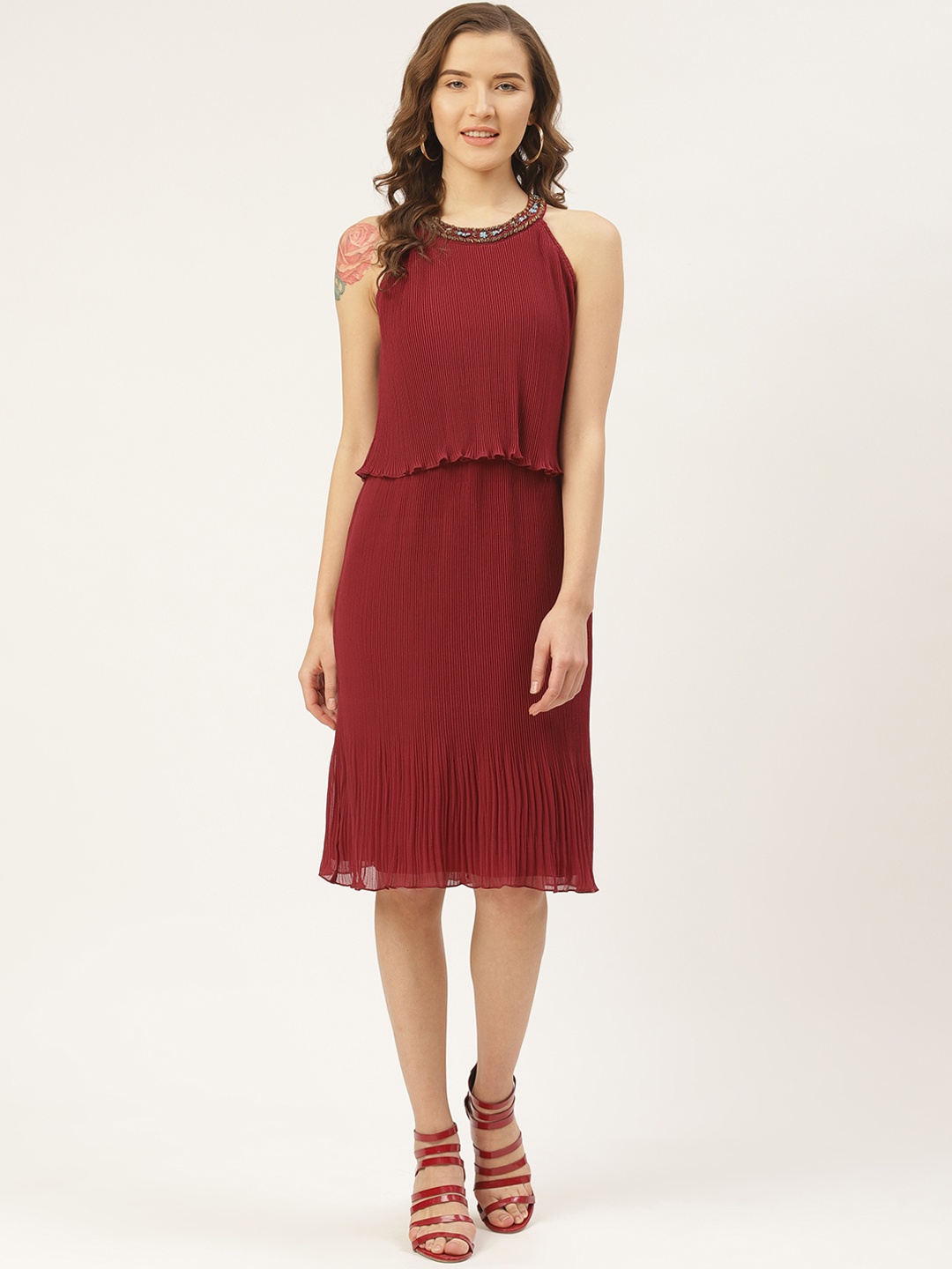

Antheaa Women Maroon Solid Layered Accordion Pleated Sheath Dress
