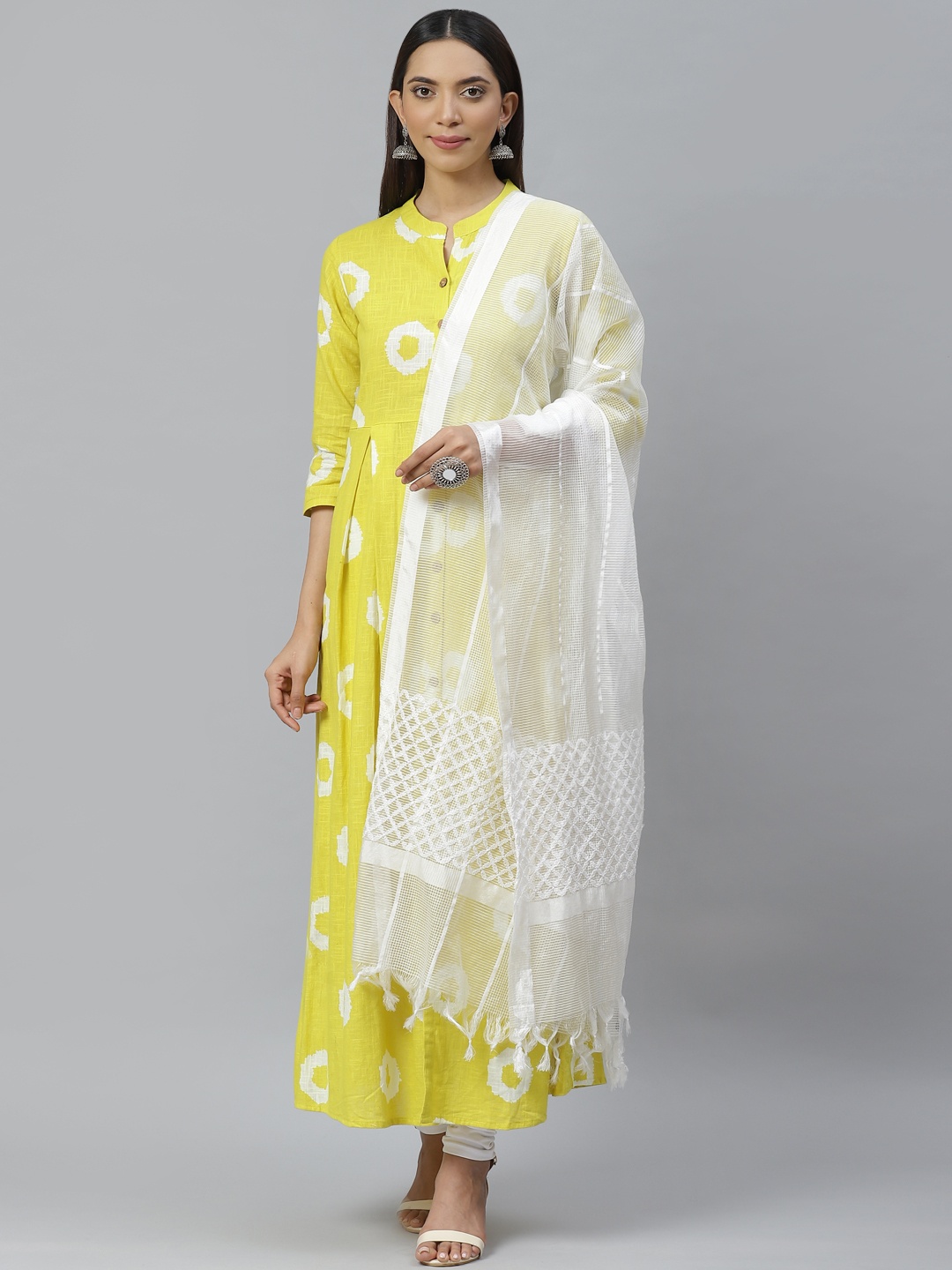 

ADA White Self-Striped Sustainable Kota Dupatta with Chikankari Hand Embroidery