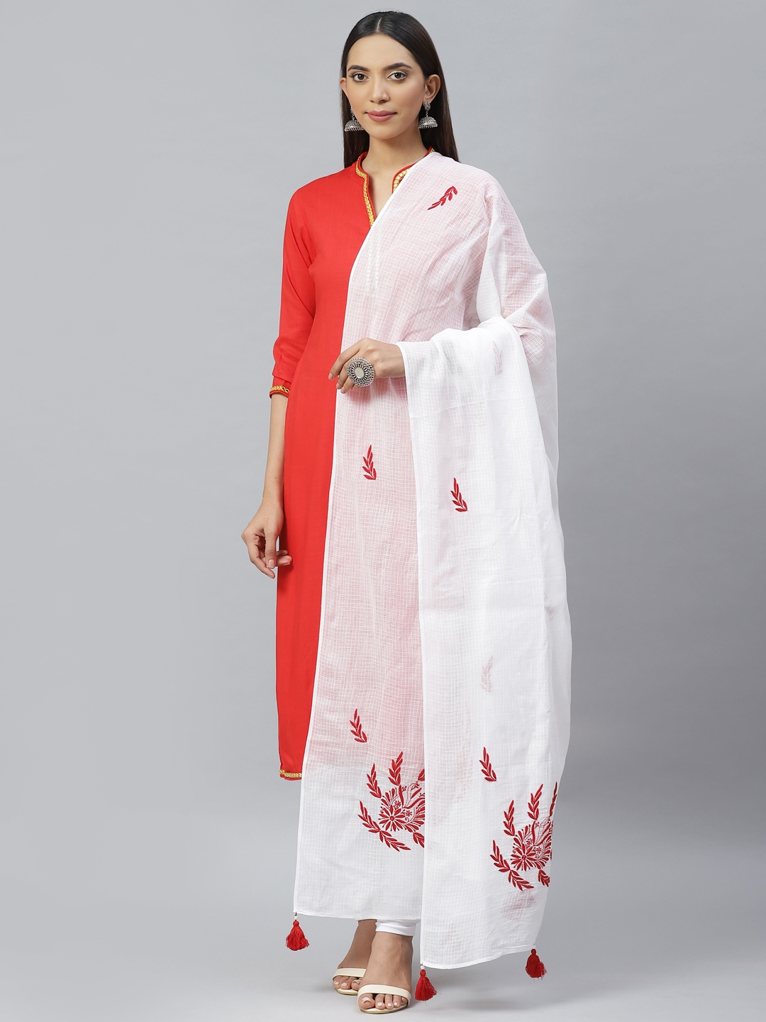 

ADA White Chikankari Hand Embroidered Semi Sheer Sustainable Kota Handloom Dupatta