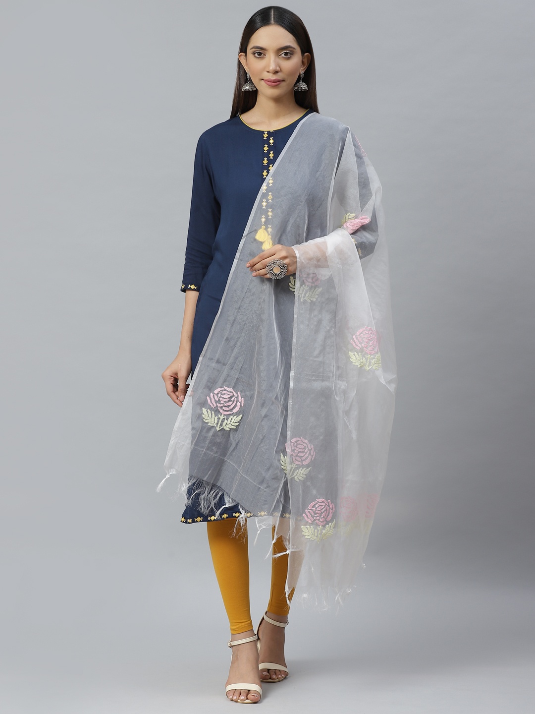 

ADA White Organza Chikankari Hand Embroidered Semi Sheer Dupatta