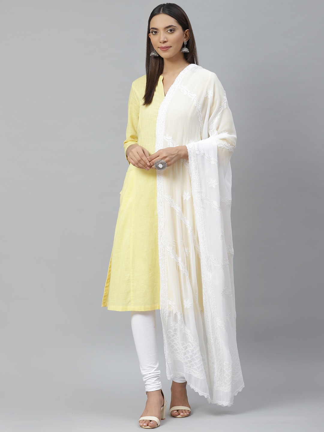 

ADA White Chikankari Hand Embroidered Sustainable Dupatta