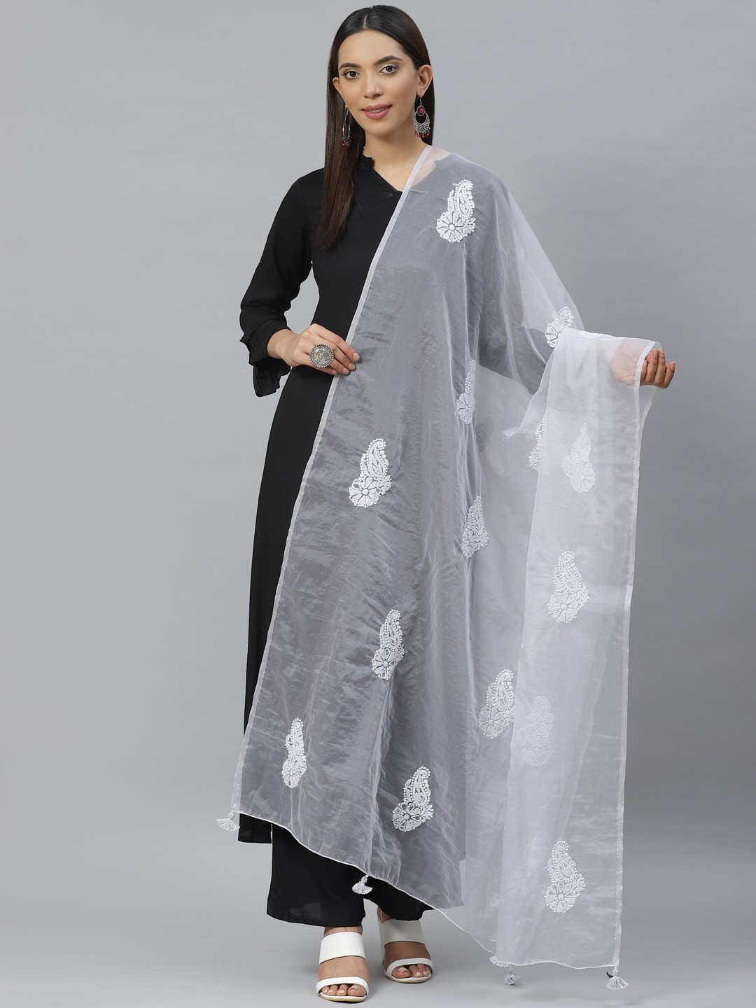 

ADA Grey Organza Chikankari Hand Embroidered Semi Sheer Sustainable Handloom Dupatta