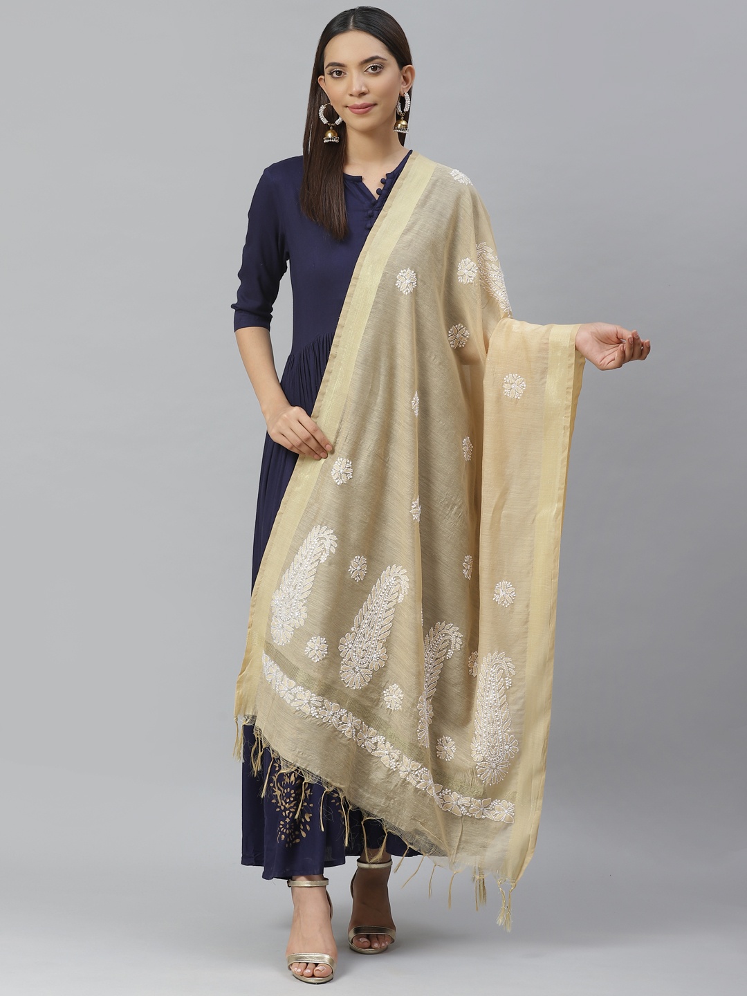 

ADA Beige & White Chikankari Hand Embroidered Chanderi Handloom Dupatta