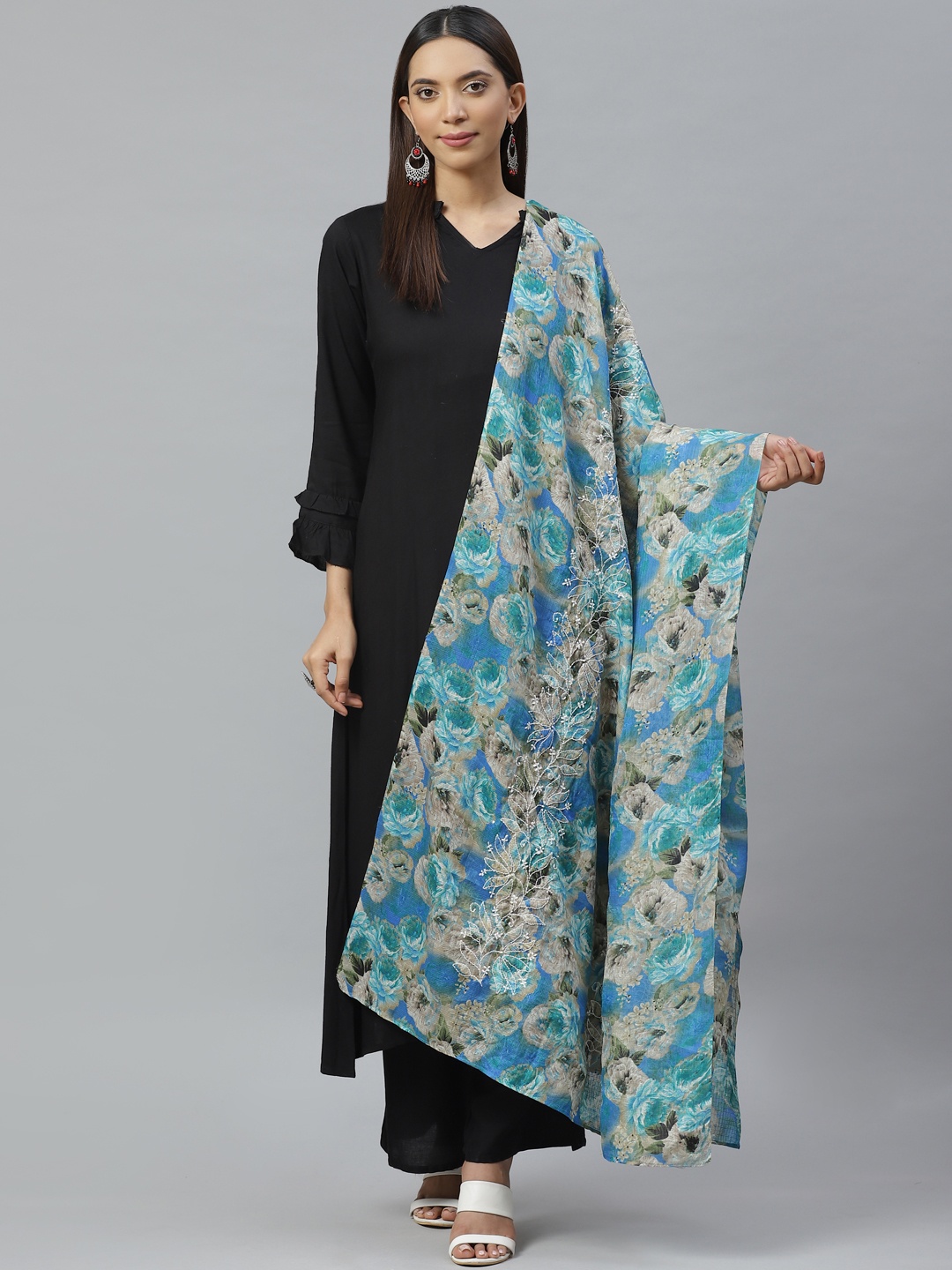 

ADA Blue & Grey Floral Print Sustainable Kota Handloom Dupatta with Chikankari Hand Embroidery