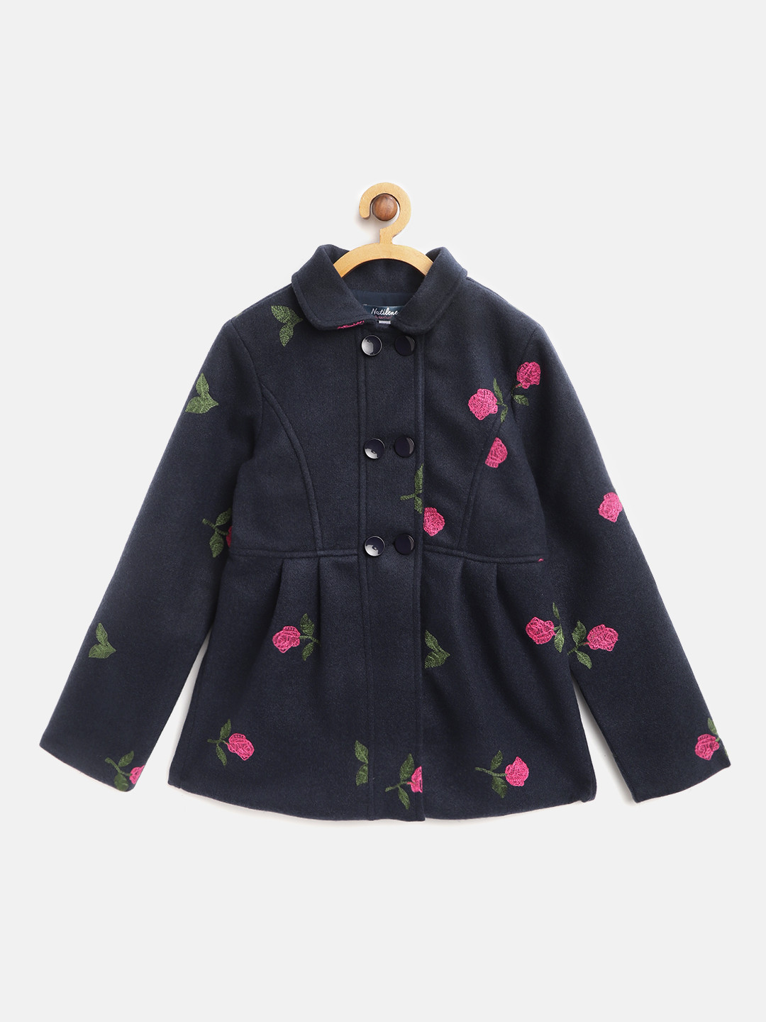 

Natilene Girls Navy Blue & Pink Floral Embroidered Overcoat